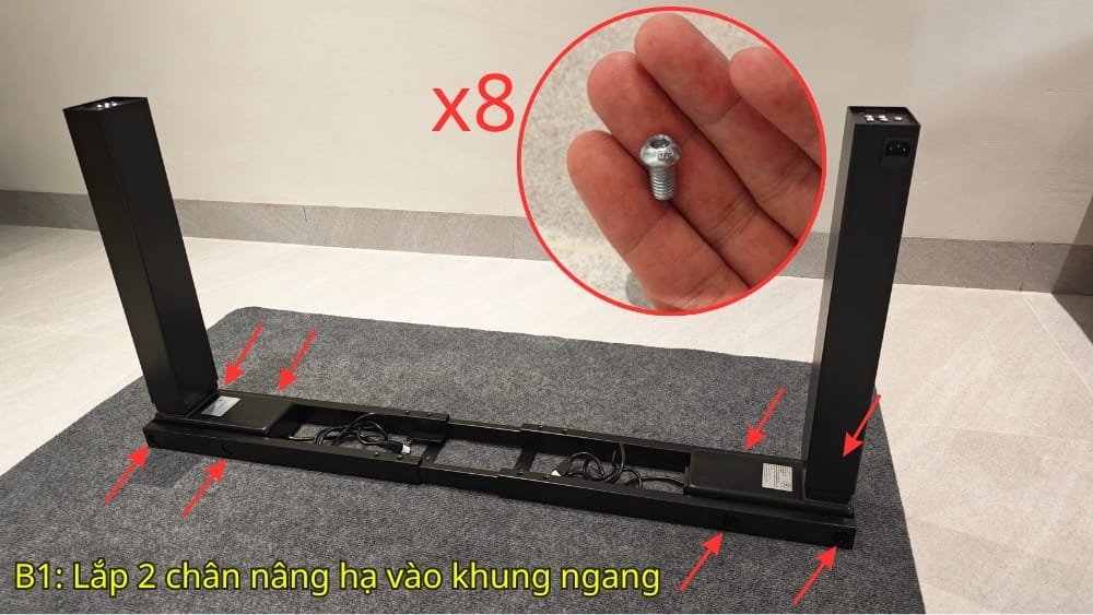 Bước 2: Lắp khung ngang vào 2 chân nâng hạ