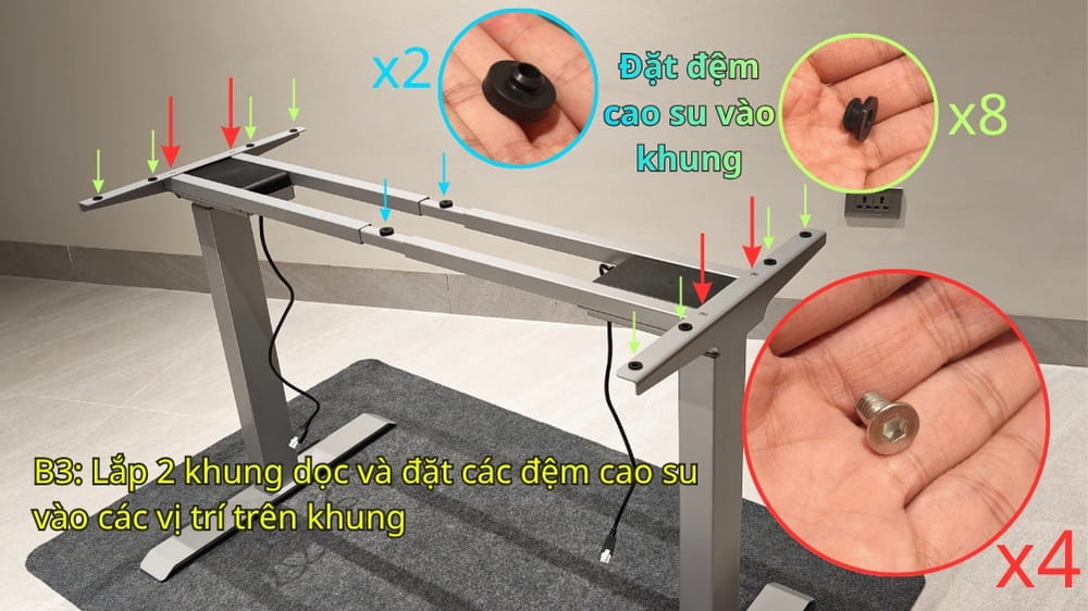 Bước 3: Lắp khung dọc và đặt các đệm cao su