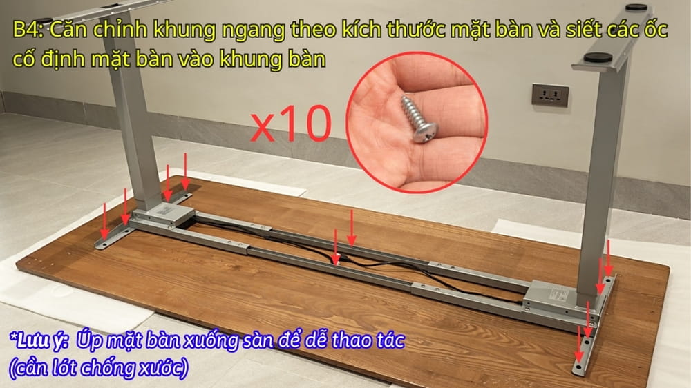 Bước 4: Căn chỉnh và siết các ốc thẳng vào mặt (sau) bàn