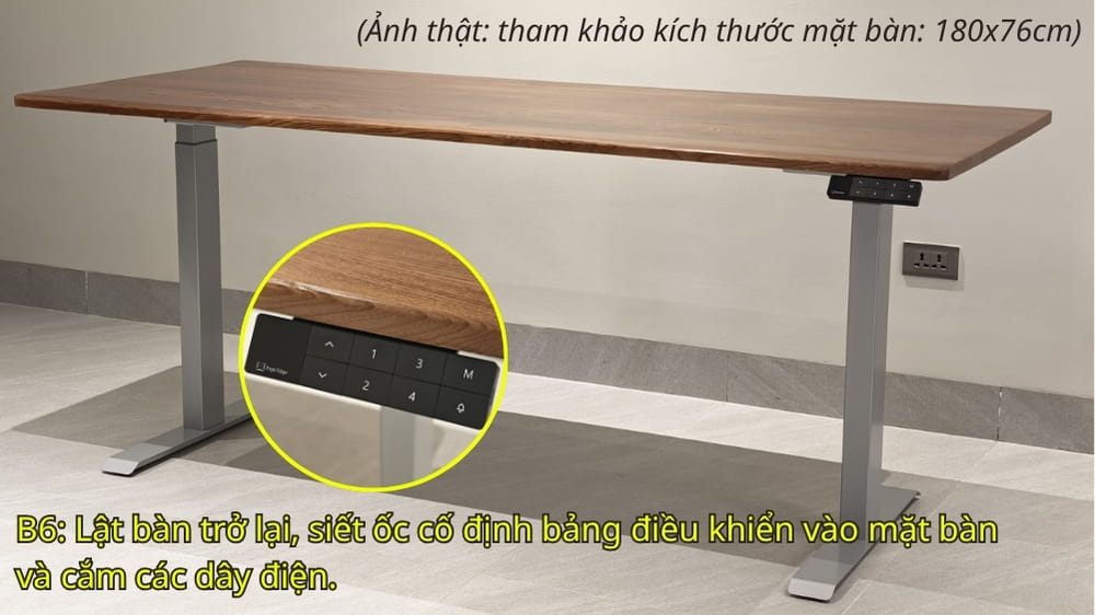 Bước 6: Lật bàn, lắp đặt cục nguồn cố định vào khung ngang, siết ốc bảng điều khiển, cắm các dây điện => Hoàn thành