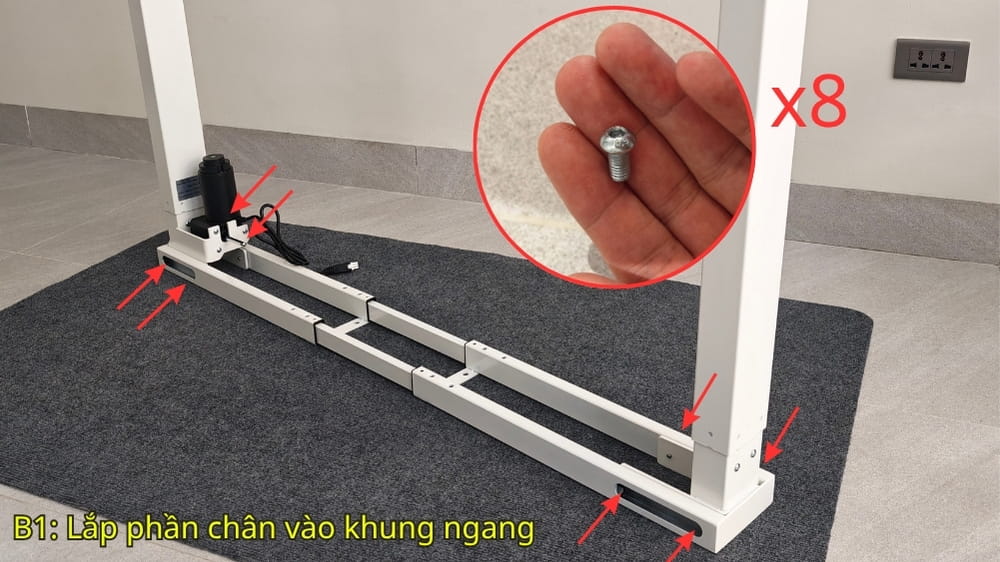 Bước 1: Lắp chân vào khung ngang