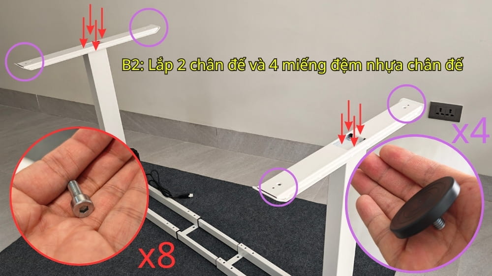 Bước 2: Lắp chân đế và các miếng đệm nhựa chân đế
