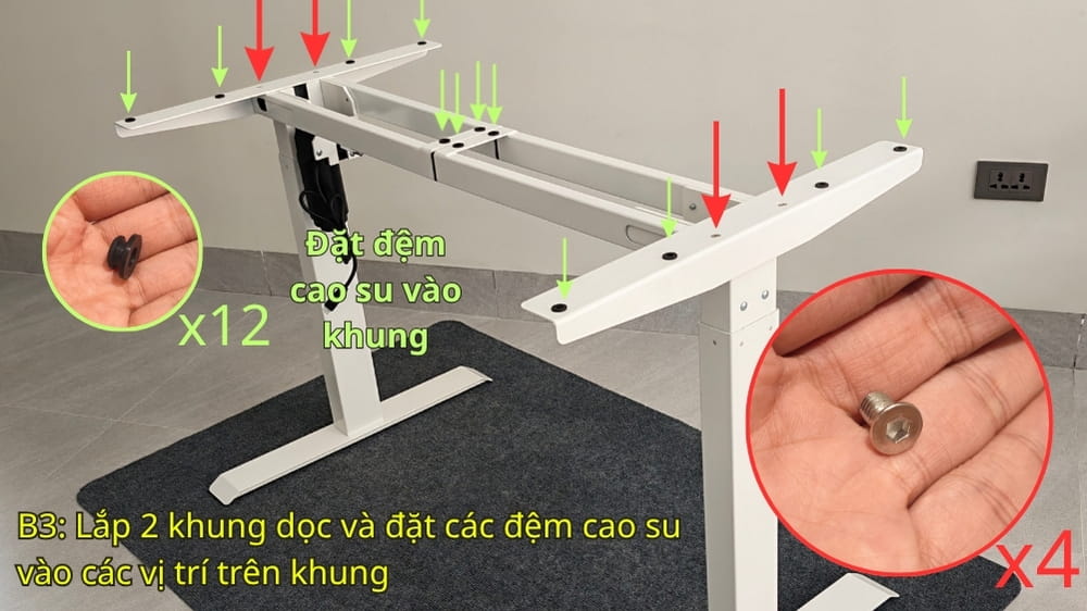 Bước 3: Lắp khung dọc và đặt các đệm cao su
