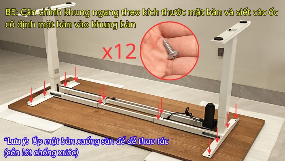 Bước 5: Căn chỉnh và siết ốc thẳng vào mặt (sau) bàn