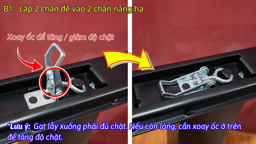 Bước 1: Lắp 2 chân đế vào 2 chân nâng hạ, chú ý cần gạt lẫy phải đủ chặt