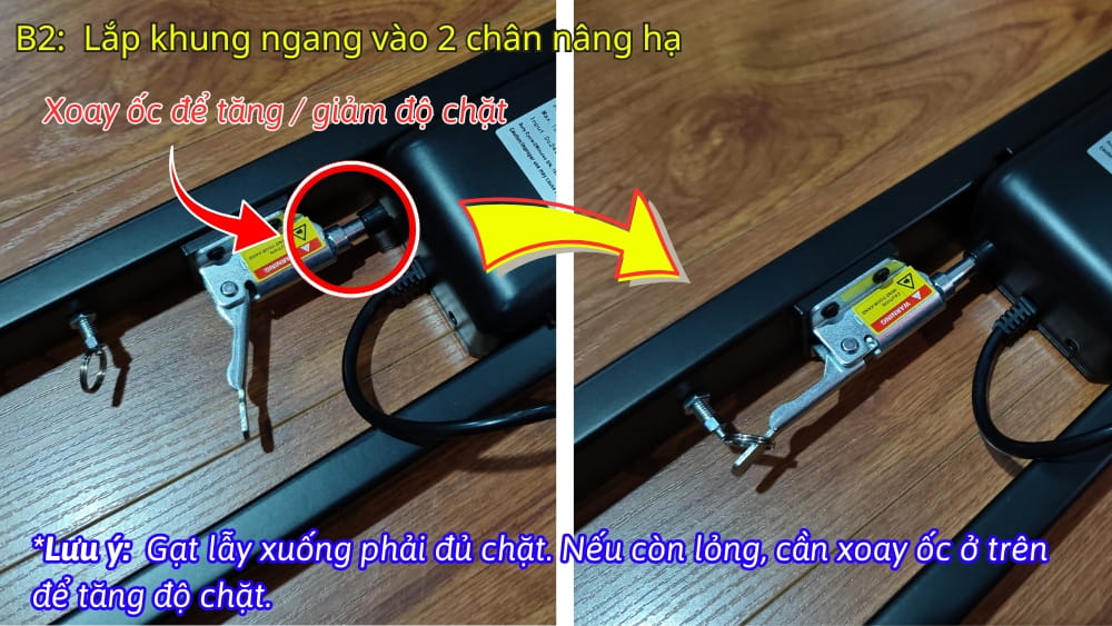 Bước 1: Lắp 2 chân đế vào 2 chân nâng hạ, chú ý cần gạt lẫy phải đủ chặt