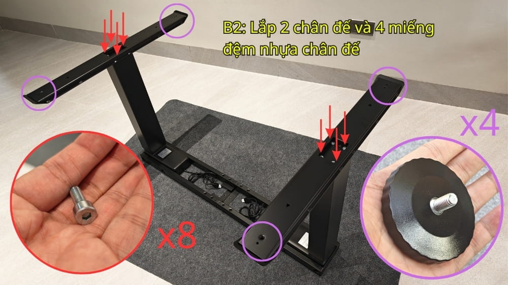 Bước 2: Lắp chân đế và các miếng đệm nhựa chân đế