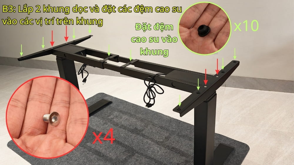 Bước 3: Lắp khung dọc và đặt các đệm cao su