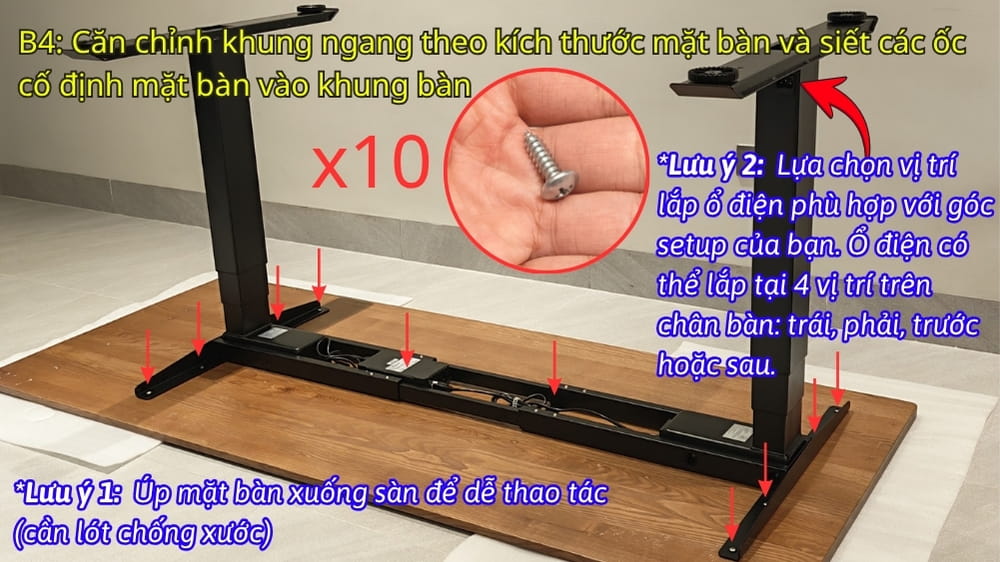 Bước 4: Căn chỉnh và siết các ốc thẳng vào mặt (sau) bàn