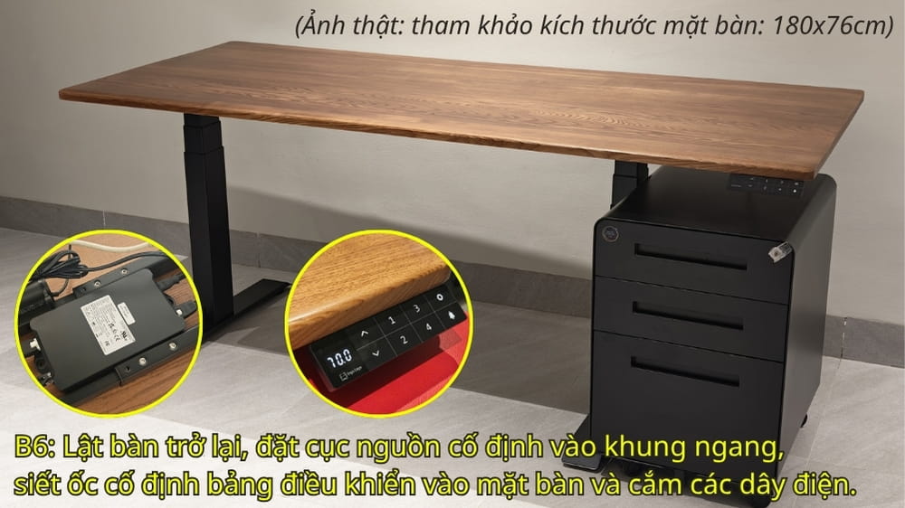 Bước 6: Lật bàn, lắp đặt cục nguồn cố định vào khung ngang, siết ốc bảng điều khiển, cắm các dây điện => Hoàn thành