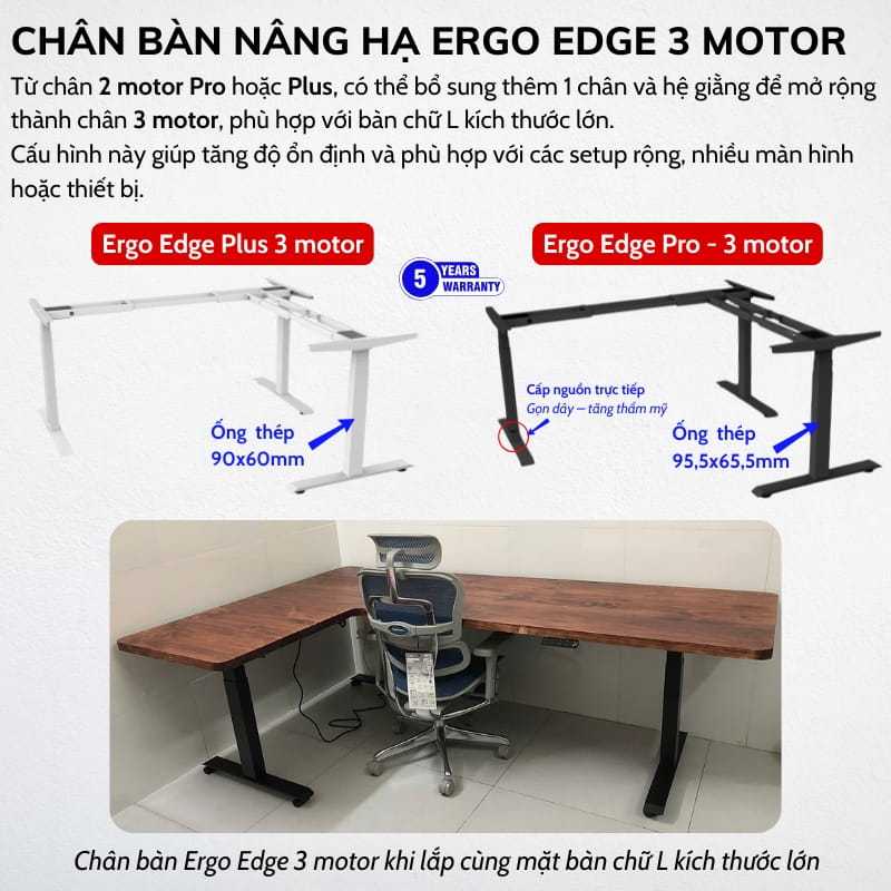 Chân bàn nâng hạ Ergo Edge 3 motor cho bàn chữ L