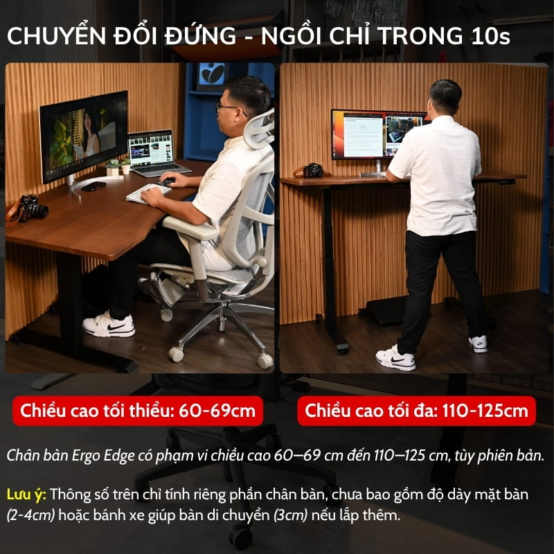 Phạm vi chiều cao chân bàn nâng hạ Ergo Edge