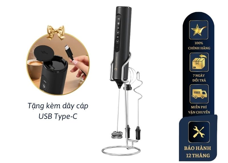 Máy tạo bọt sữa, đánh trứng cầm tay DandiHome sạc USB Type-C, kèm 3 đầu khuấy và chân đế