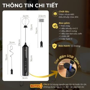 Kích thước máy tạo bọt sữa DandiHome, thân dài 16 cm, đường kính khoảng 3 cm và các phụ kiện